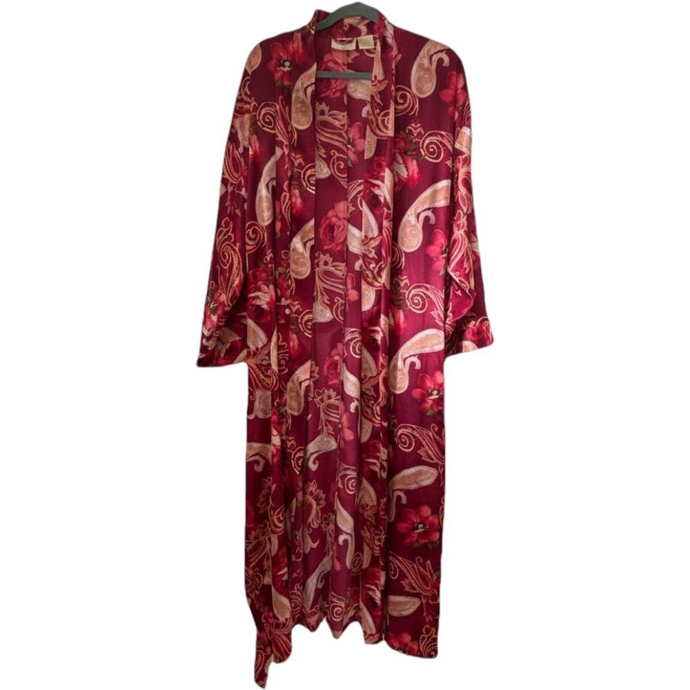 Vintage 90s Inner Most Woman Burgundy Floral Paisley Satin Kimono Robe 1X Pocket